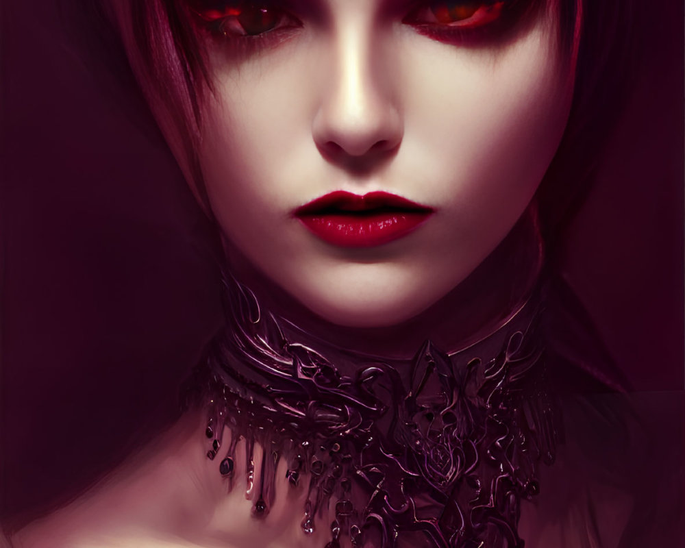 Gothic figure with crimson eyes and intense gaze