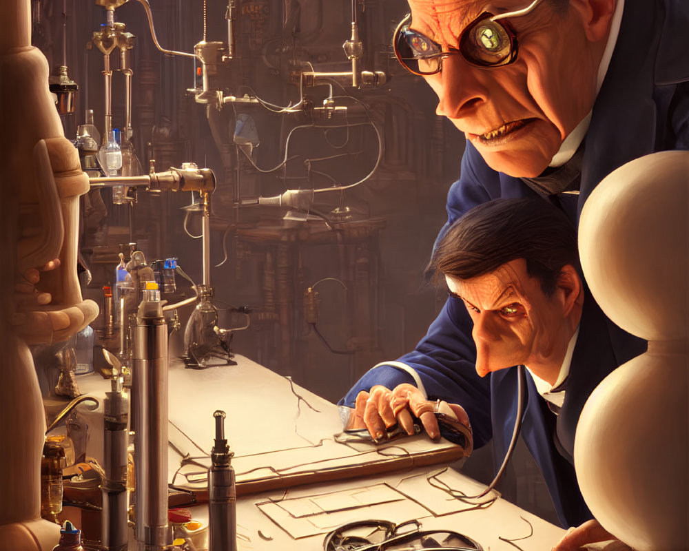 Steampunk laboratory scene with two animated characters examining a plan