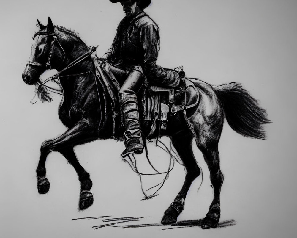 Detailed pencil sketch of a cowboy on a horse in motion with dynamic shading and lines