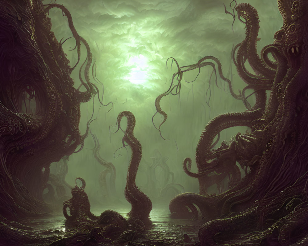 Eerie landscape with tentacle-like structures under green sky