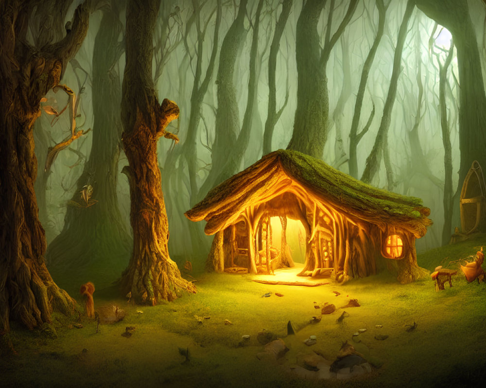 Mystical forest scene with cozy cottage, towering trees, and playful animals