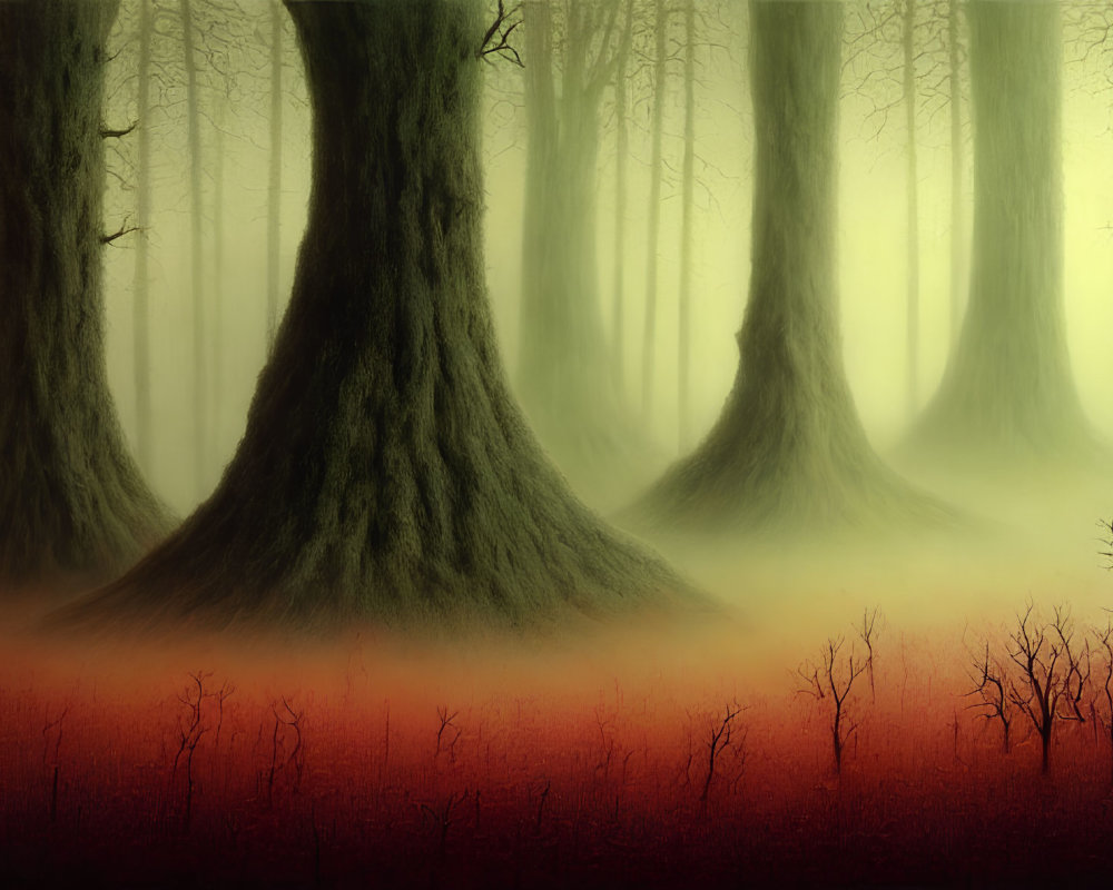 Misty forest with large trees and red undergrowth in fog