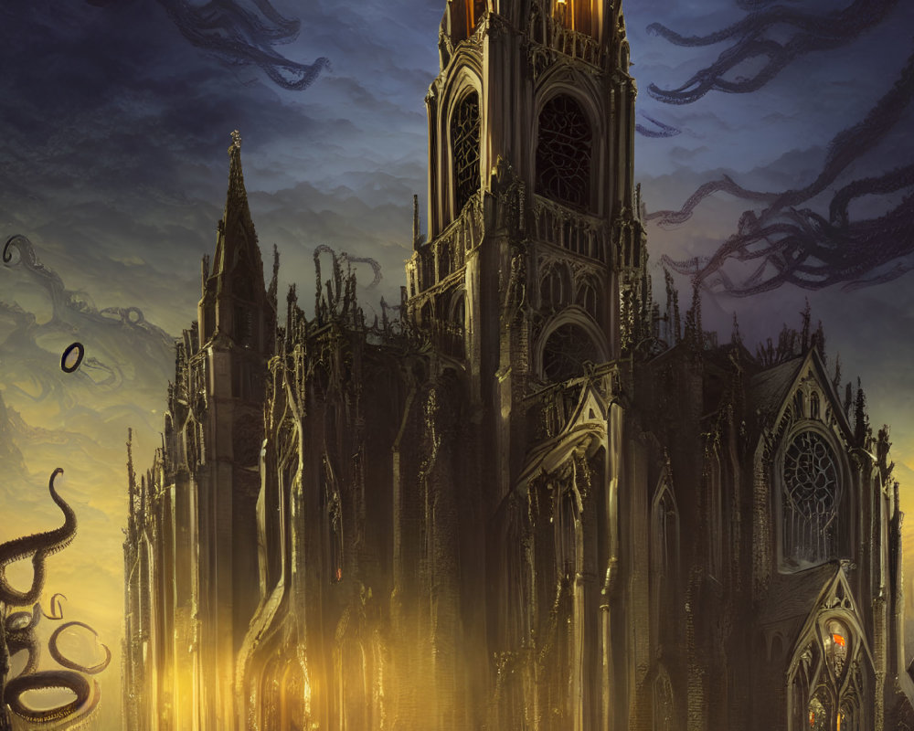 Dark fantasy scene: Gothic cathedral with tentacles and golden glow