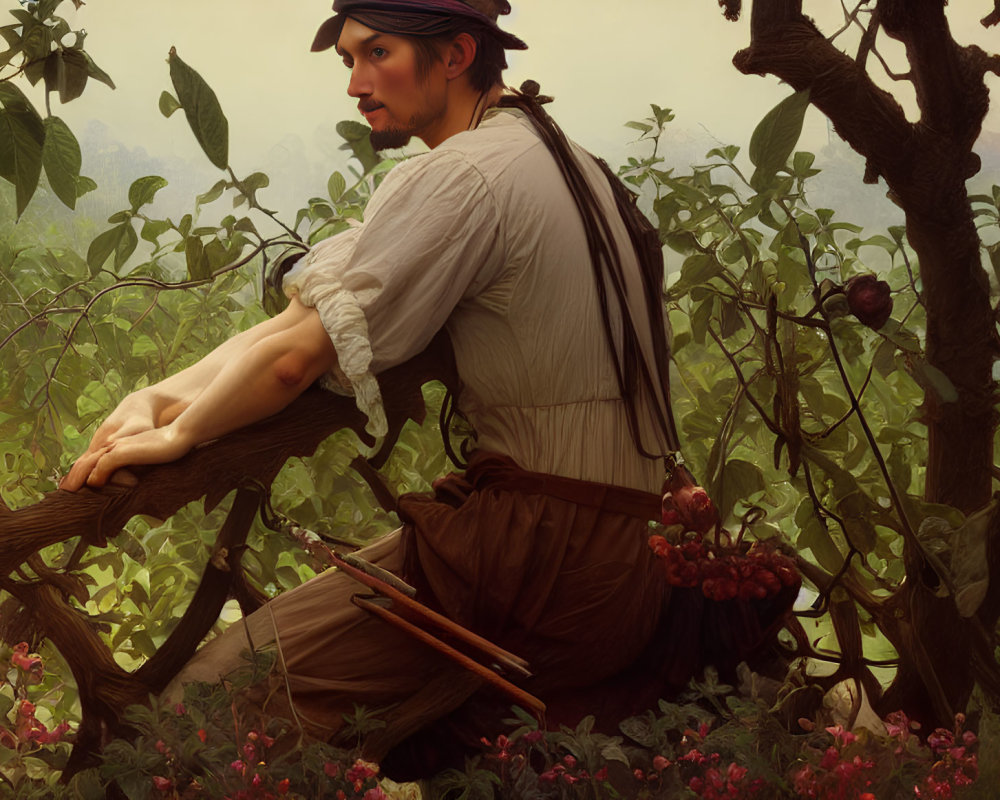 Historical peasant man leaning on wooden fence in lush setting with vintage scythe