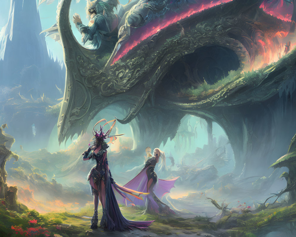 Fantasy landscape with armored person, white-haired character, and colossal dragon in ancient ruins.