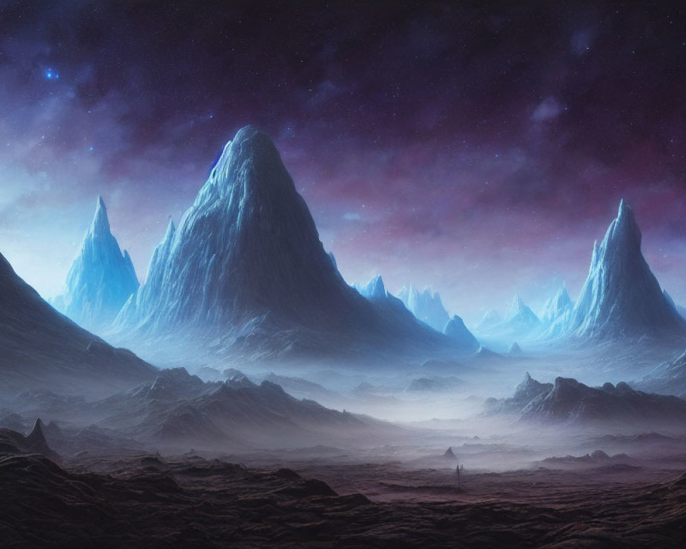 Majestic icy mountains at dusk with lone figure under starry sky