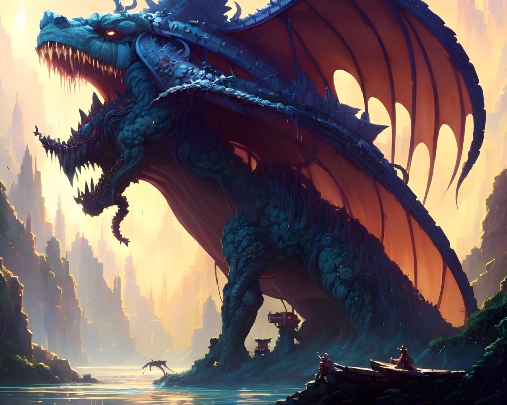 Majestic dragon with wings near river and ancient ruins.