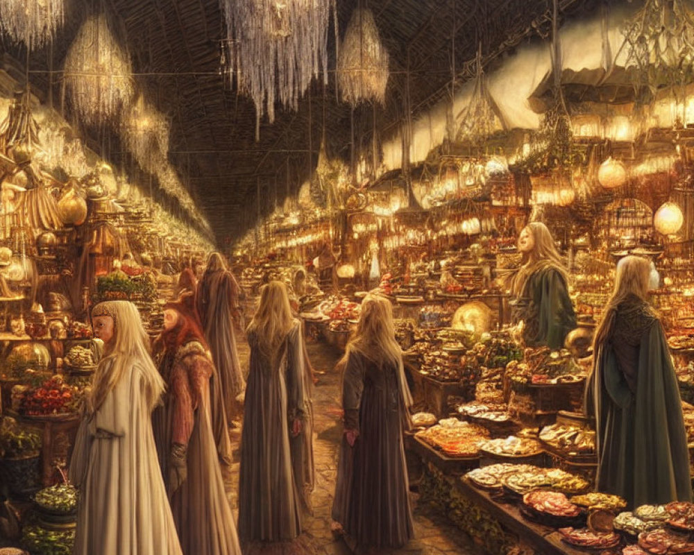 Medieval-themed market with diverse goods under glittering chandeliers