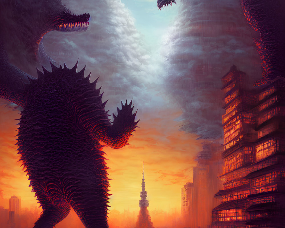 Enormous reptilian monsters dominate city skyline at sunset