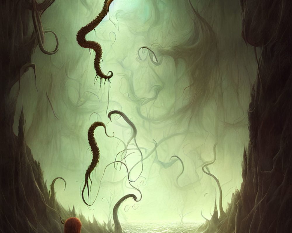 Cloaked figure encounters serpentine creature in mystical forest