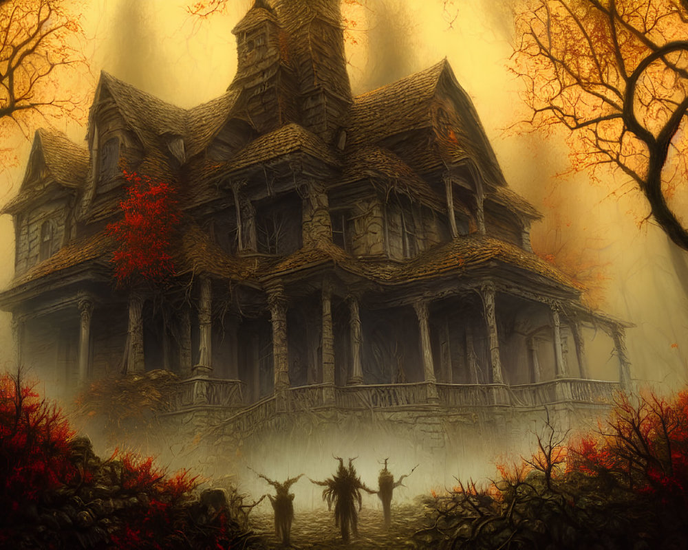 Spooky old mansion in mist with red foliage and shadowy figures