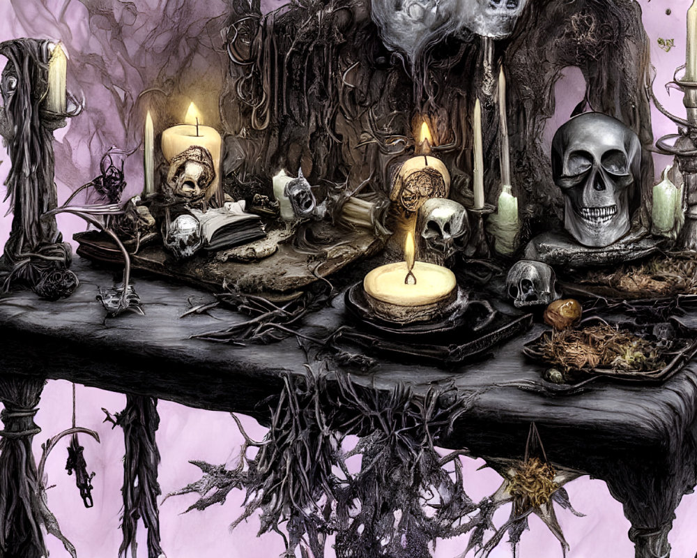 Gothic-themed table with skulls, candles, books, and branches