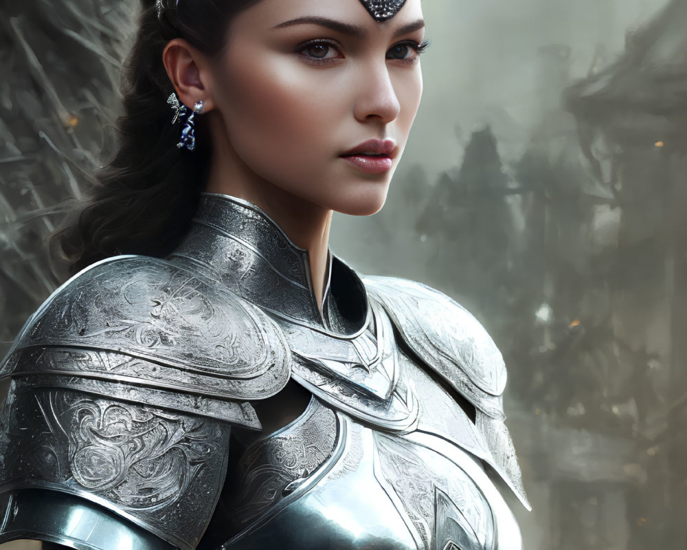 Woman in silver armor with stern expression against misty background