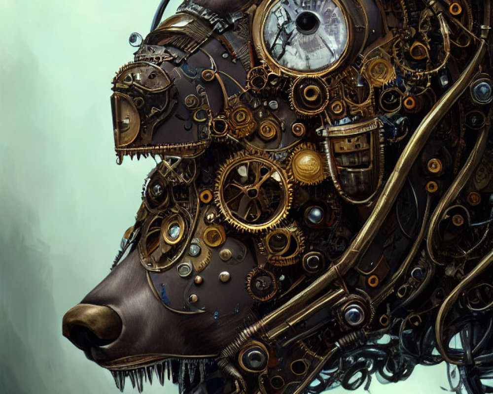 Intricate Steampunk Mechanical Bear Head with Gears and Bronze Textures