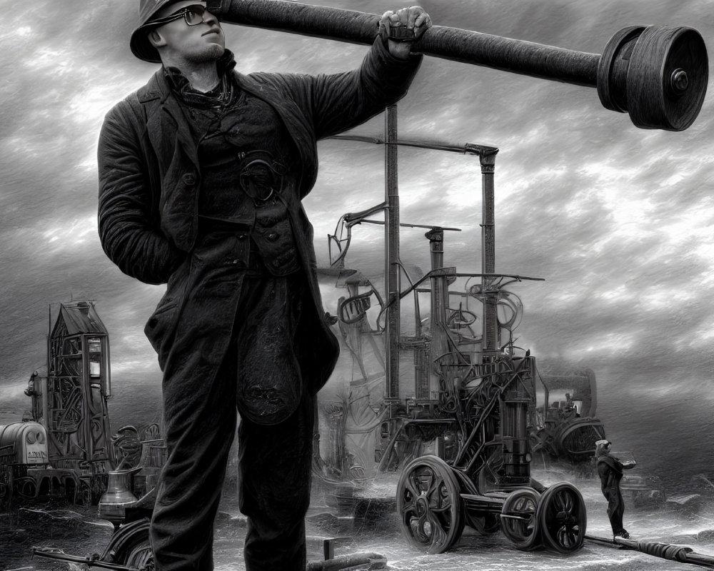 Steampunk-dressed man with telescope in industrial setting under dramatic sky