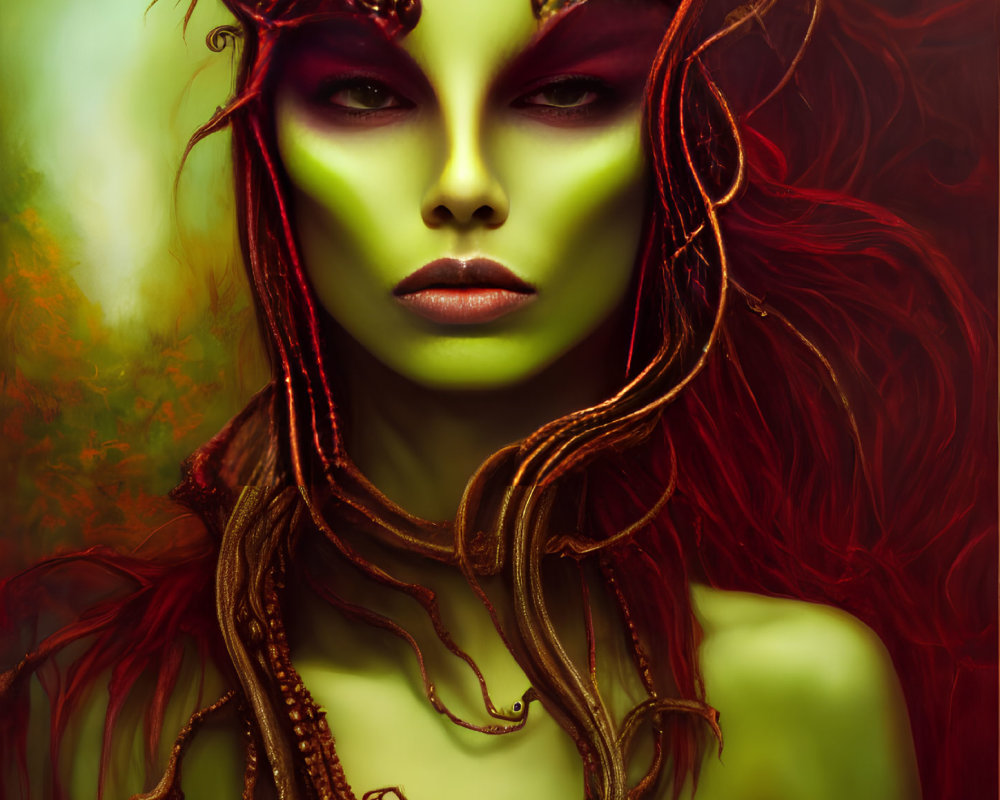 Vivid Green-Skinned Fantasy Figure with Elaborate Horned Headpiece in Red Ambiance