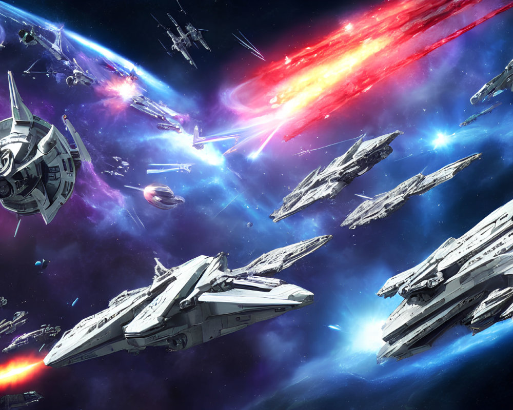 Intense Space Battle Scene with Spaceships and Laser Beams