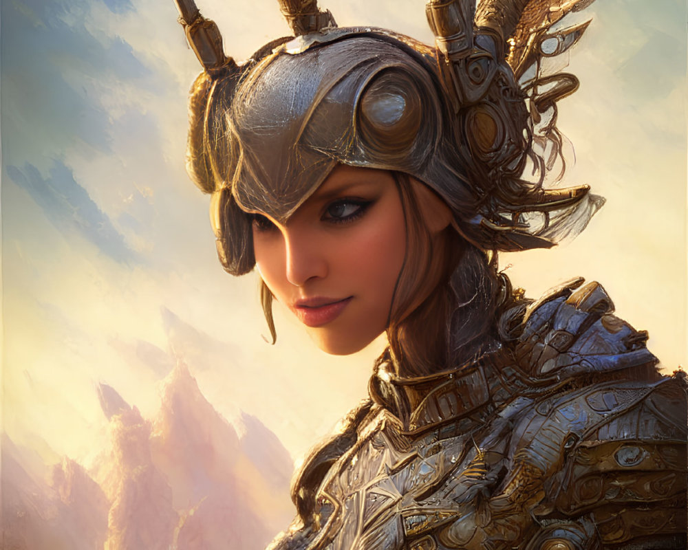 Ornate warrior in helmet and armor against golden clouds