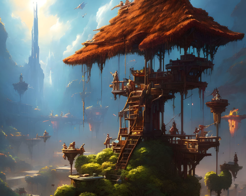 Towering treehouse on floating islands under golden sky