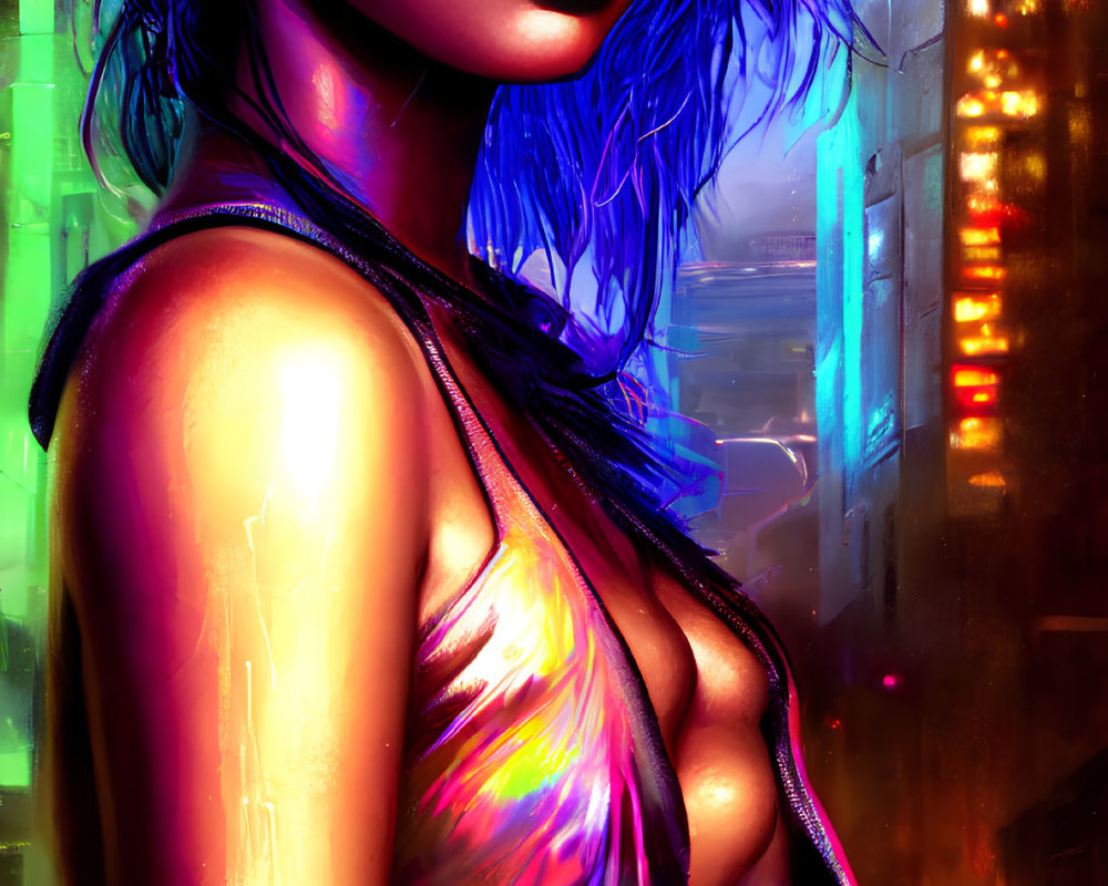 Blue-haired woman in metallic dress against neon cityscape.