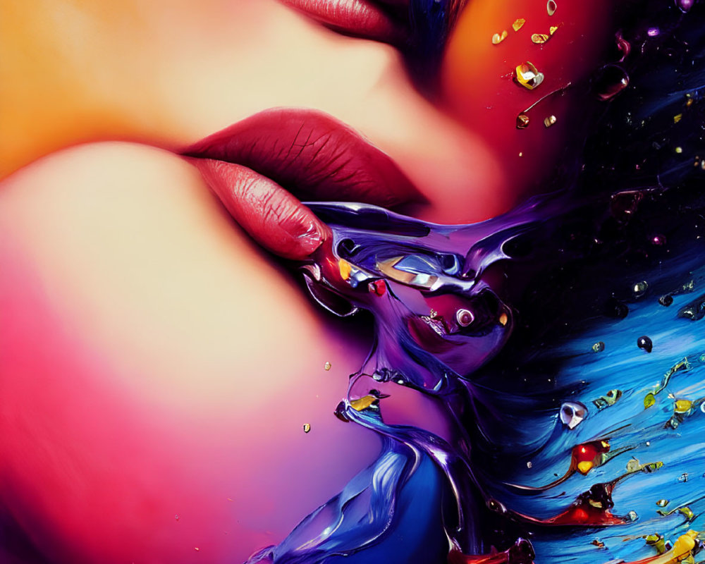 Colorful Portrait of Woman with Flowing Paint Hair in Red, Blue, Purple, and Gold