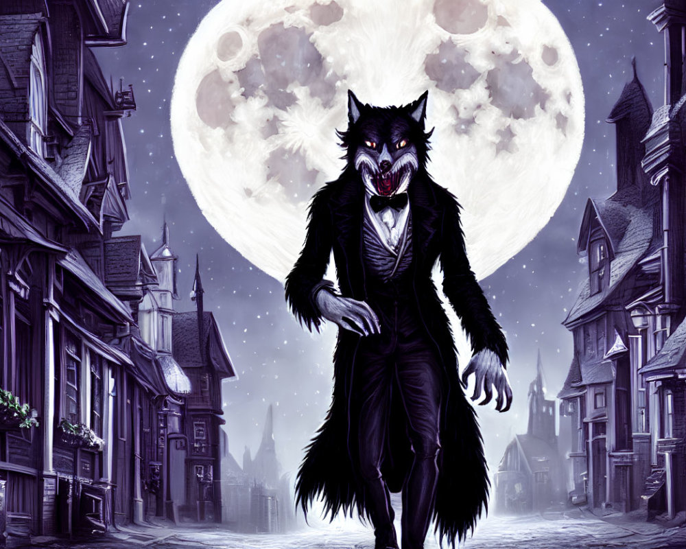 Werewolf in suit under full moon on desolate street