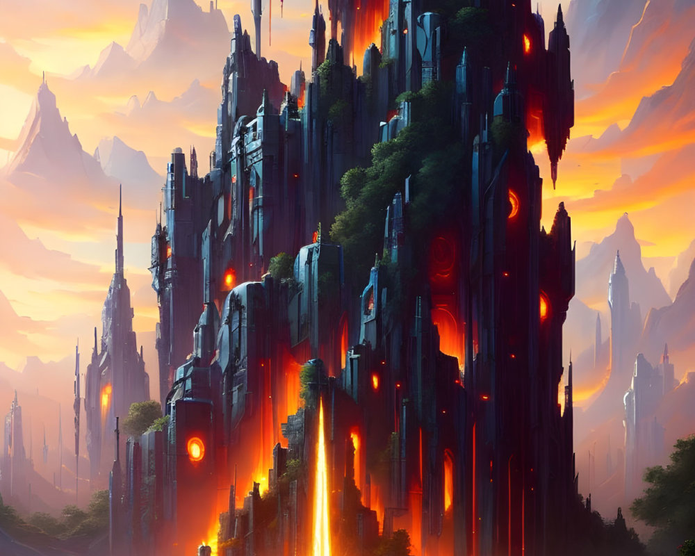 Futuristic cityscape with towering spires, lava streams, mountains, and hovering spacecraft