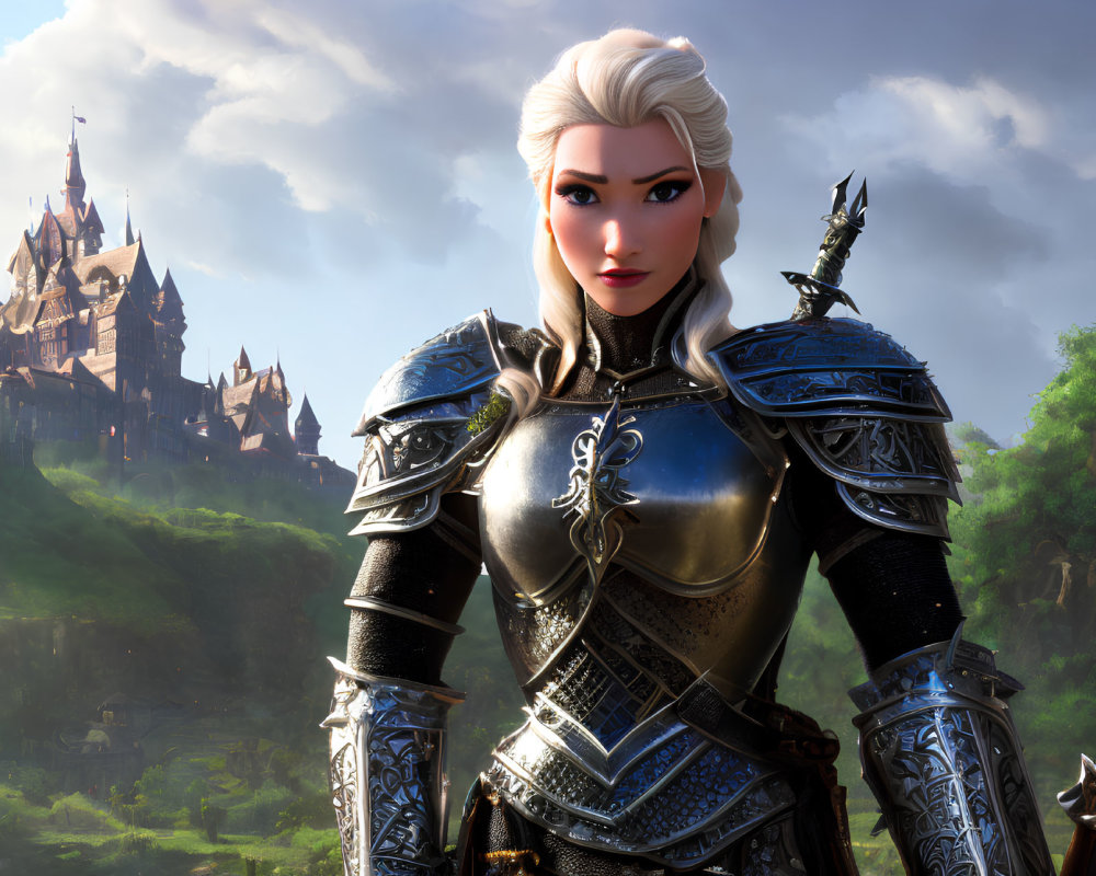 Female warrior in ornate armor with sword, set against castle backdrop