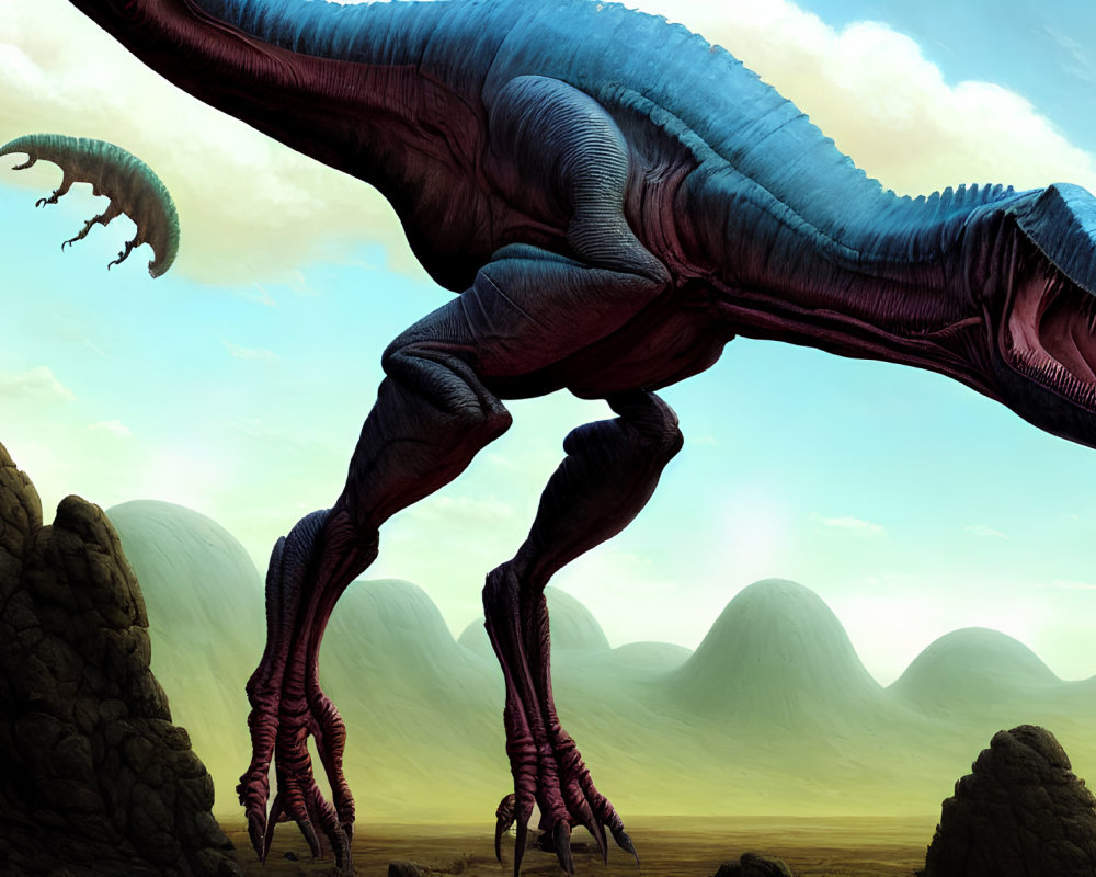 Blue towering dinosaur in prehistoric landscape with hills under hazy sky