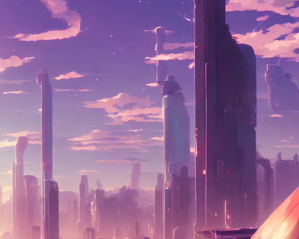 Futuristic cityscape with towering skyscrapers in pink and purple hues