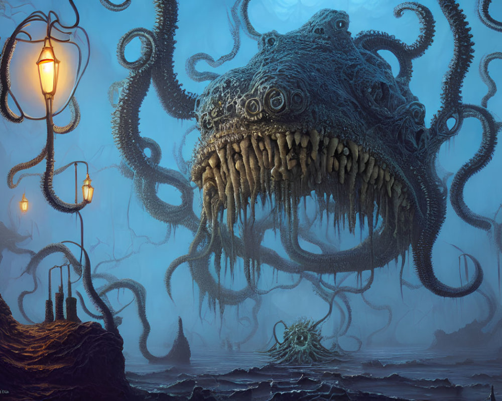 Monstrous tentacled creature in misty landscape with lanterns