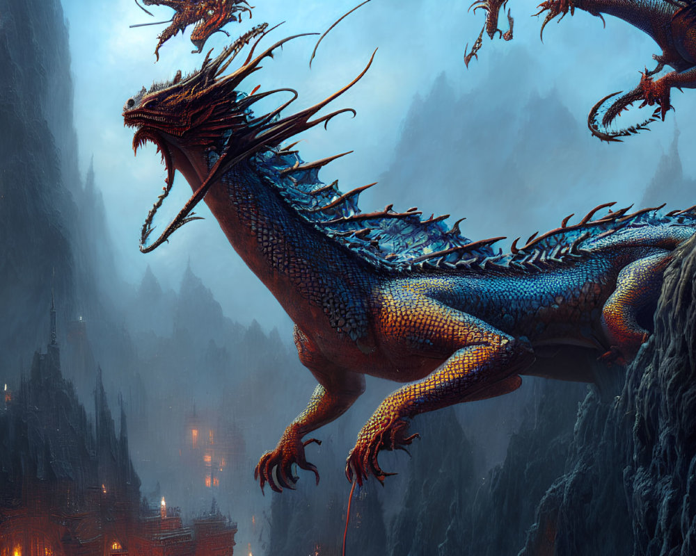 Blue Dragon Perched on Cliff with Castle in Fog - Mountain Landscape