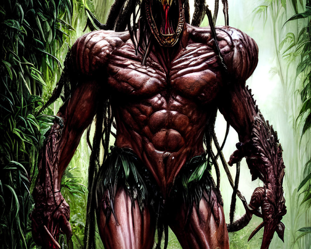 Muscular creature with sharp claws in dense jungle foliage