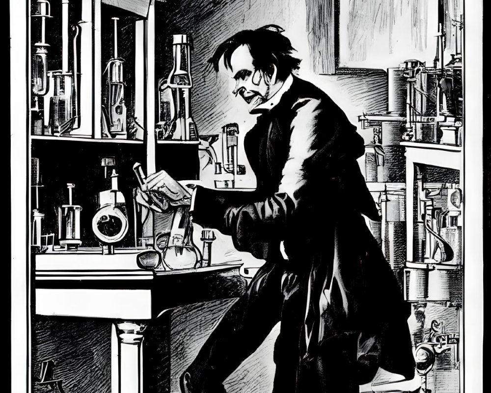 Monochromatic illustration of man in lab coat working in cluttered laboratory