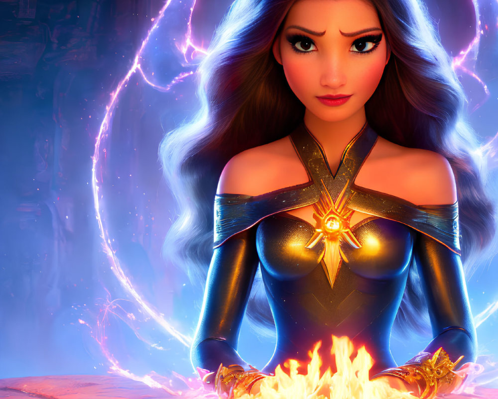 Long-haired animated character in blue and gold outfit with mystical energy.