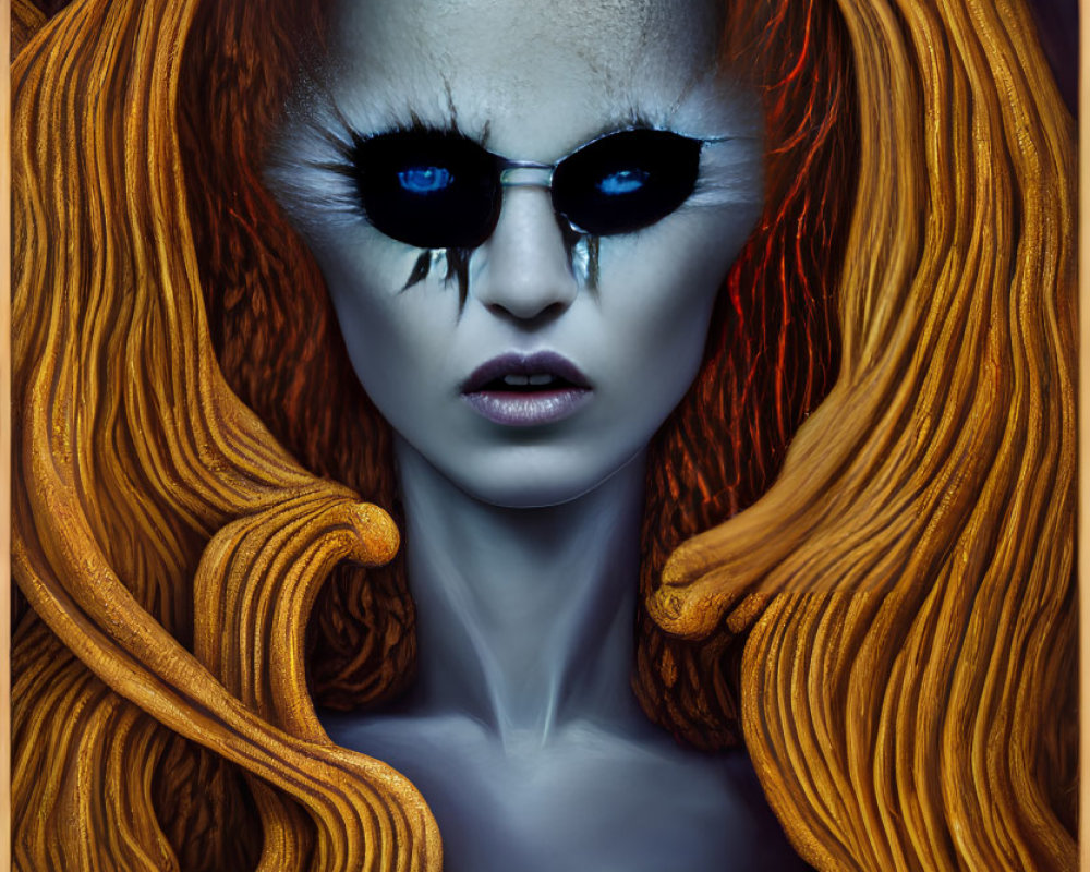 Surreal portrait of figure with golden hair and dark eye makeup