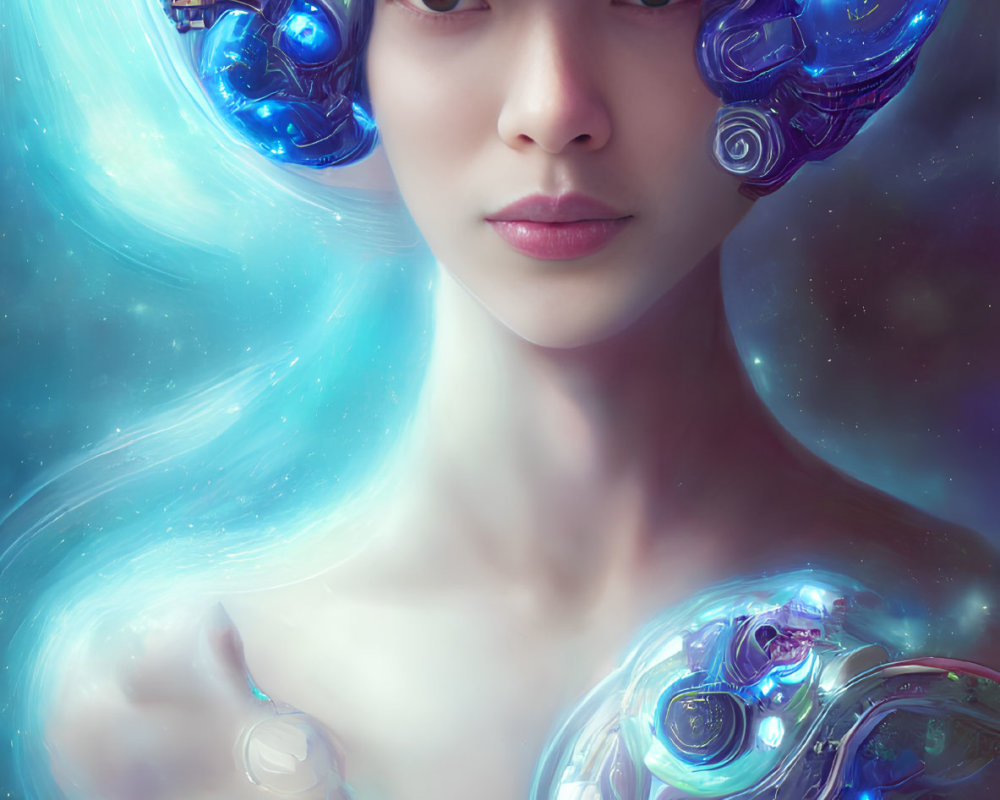 Futuristic portrait of person with cybernetic enhancements in cosmic setting