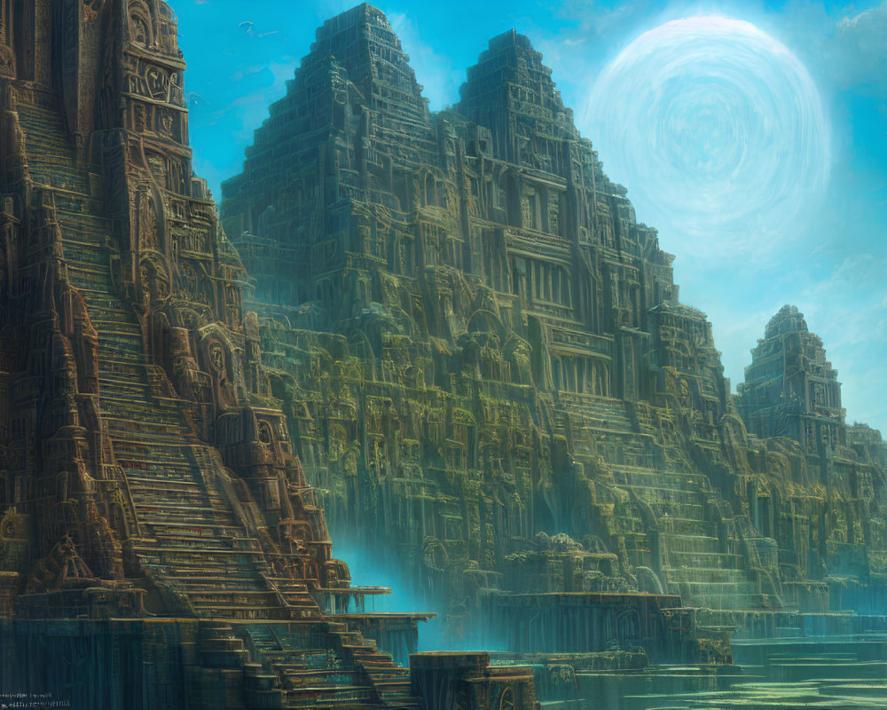 Ethereal artwork of ancient stone temples by water with spiral galaxy in sky