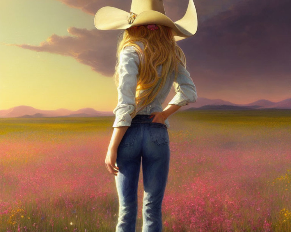 Blonde person in cowboy hat standing in pink flower field at sunset