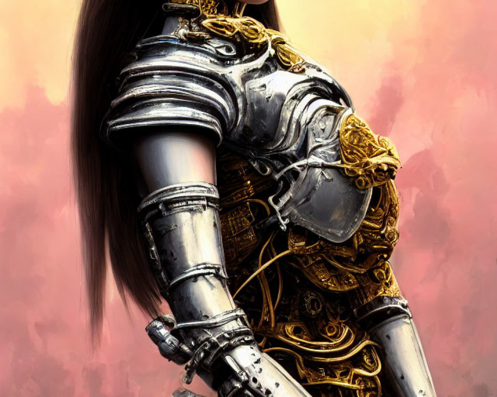 Young woman in gold detailed metallic armor with ponytail gazes ahead