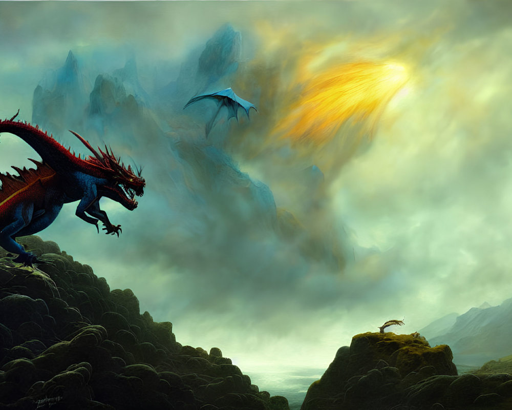 Red and blue dragons on cliff with fiery comet in dramatic sky.