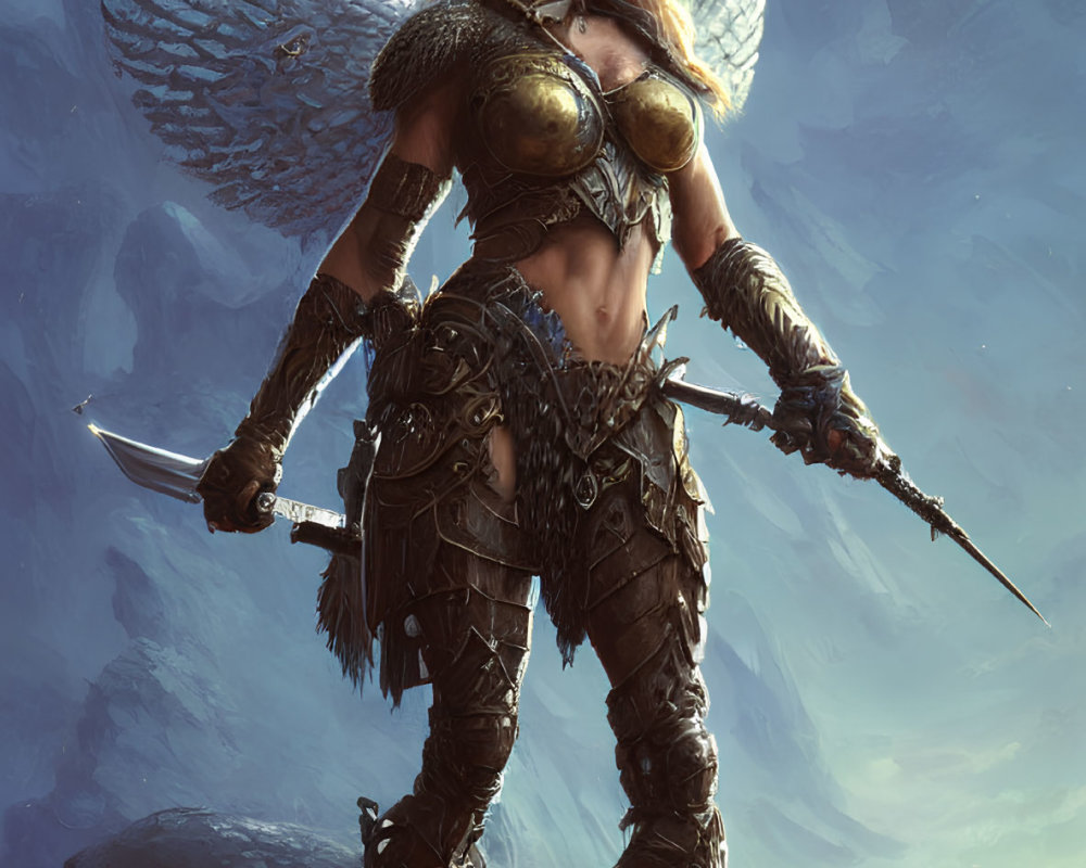 Warrior in golden armor with angelic wings and horned helmet.