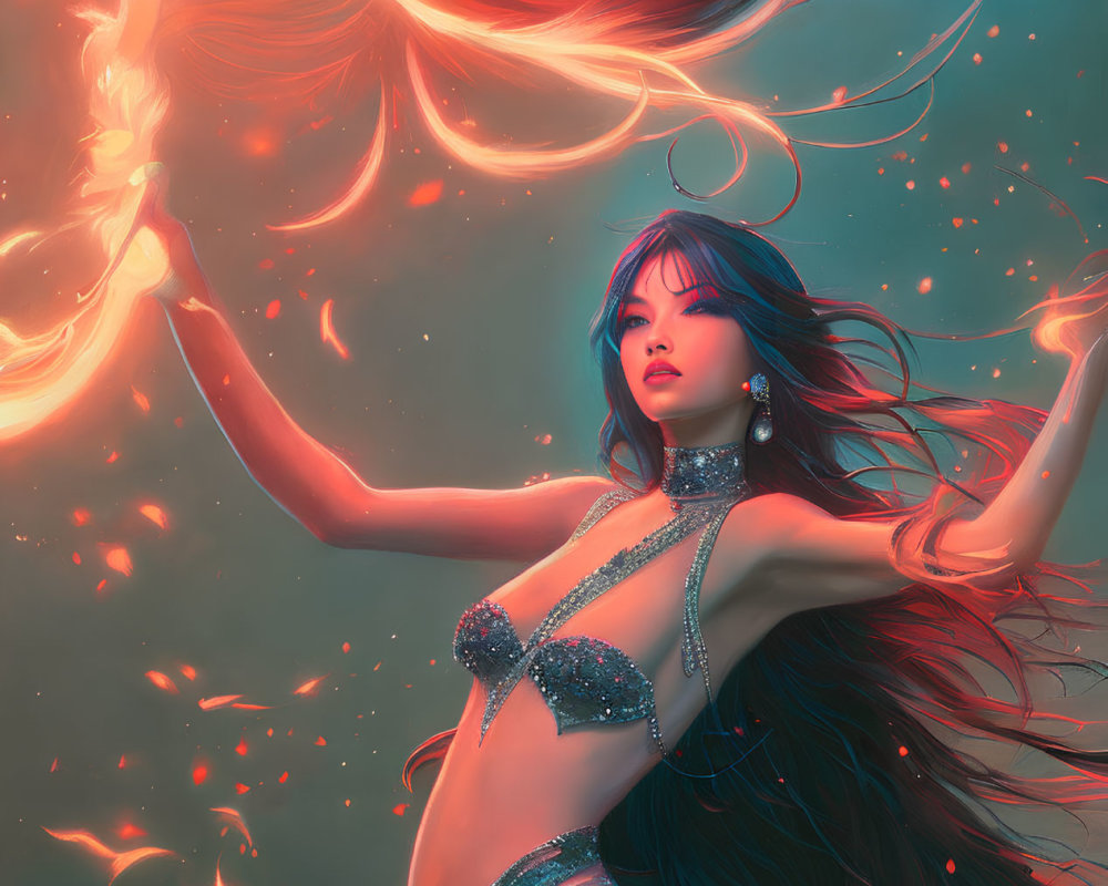 Red-haired woman in azure attire casting fiery magic in a crimson realm