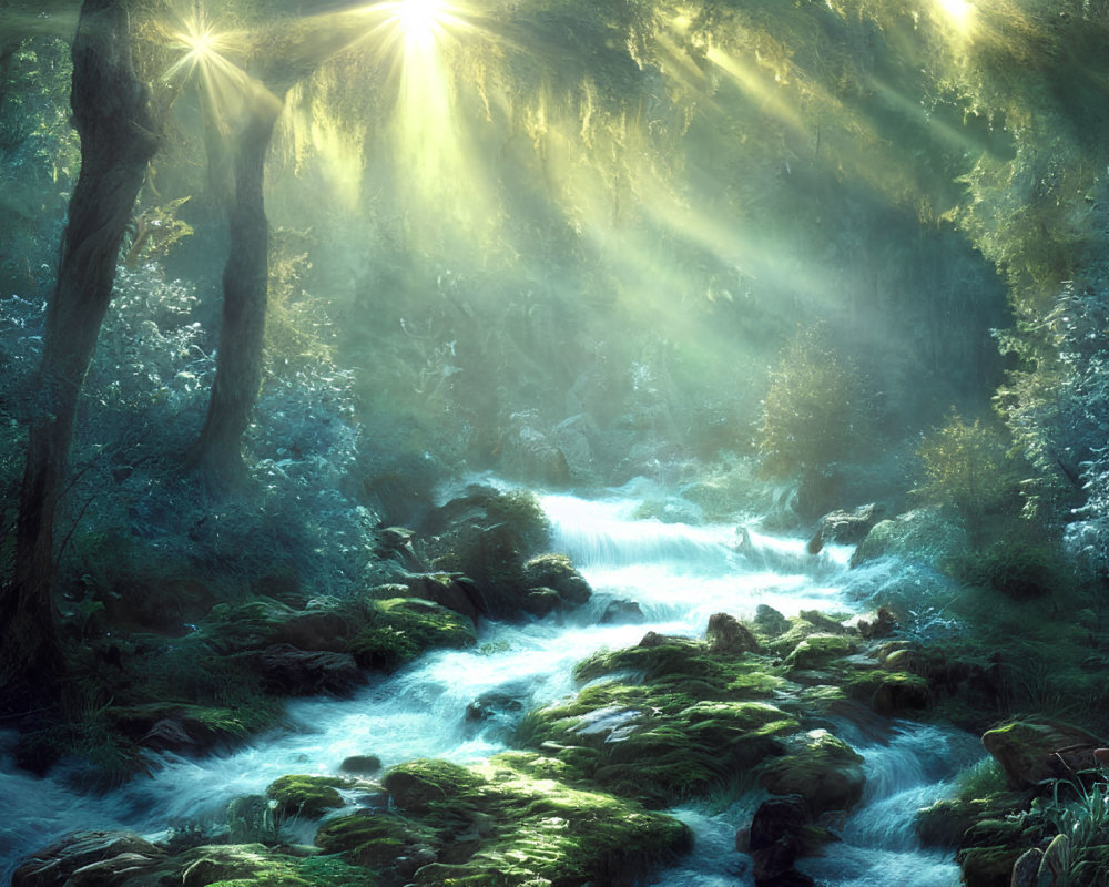 Tranquil Forest Scene with Sunlight, Stream, Rocks, and Moss