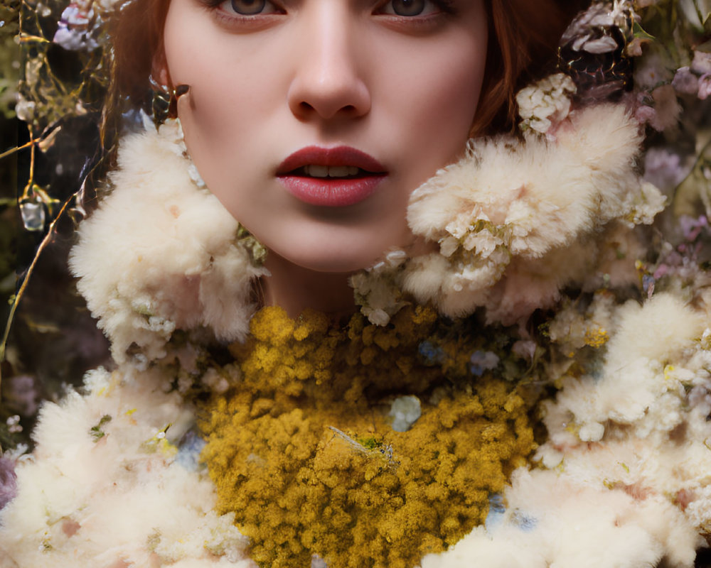 Red-haired woman in floral setting with fluffy attire gazes ahead