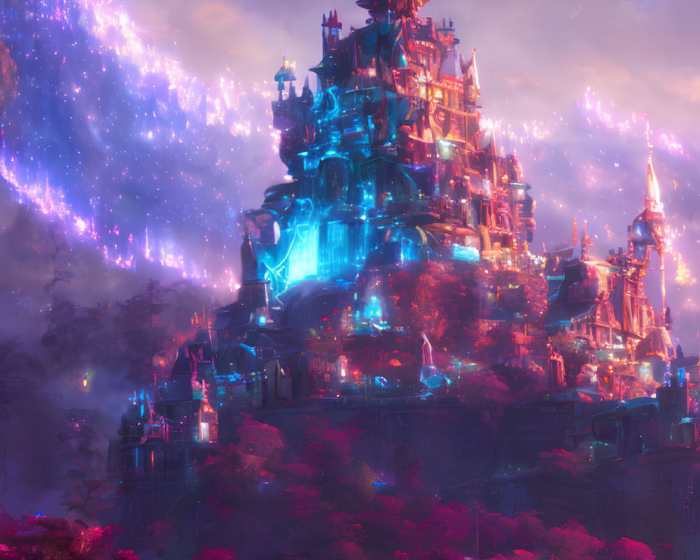 Enchanted forest with neon-lit castle under starry sky