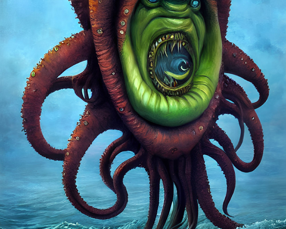 Colorful Illustration of Menacing Octopus with Green Humanoid Face