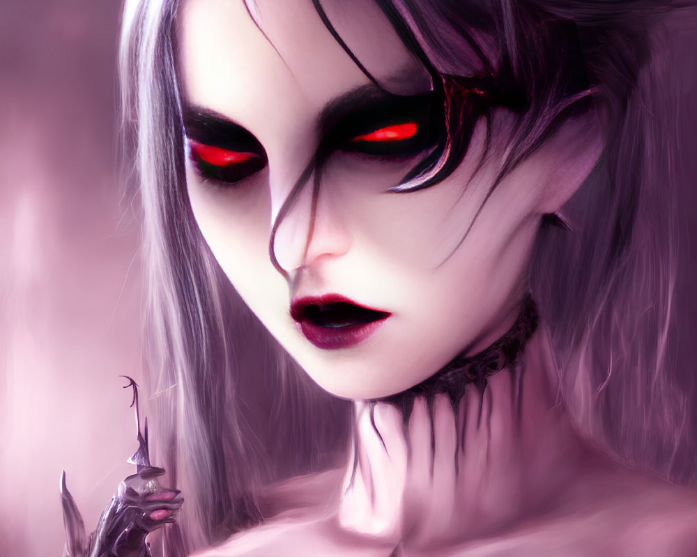 Pale vampiric woman with red eyes, black mask, sharp claws, and choker.