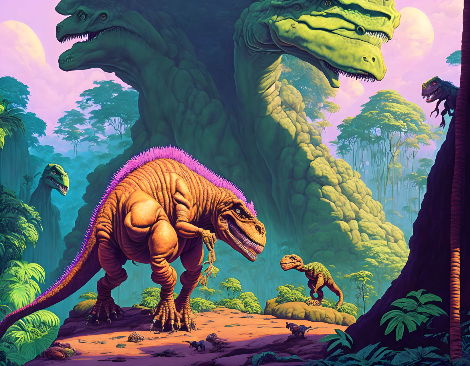 Vibrant dinosaur illustration in lush prehistoric jungle