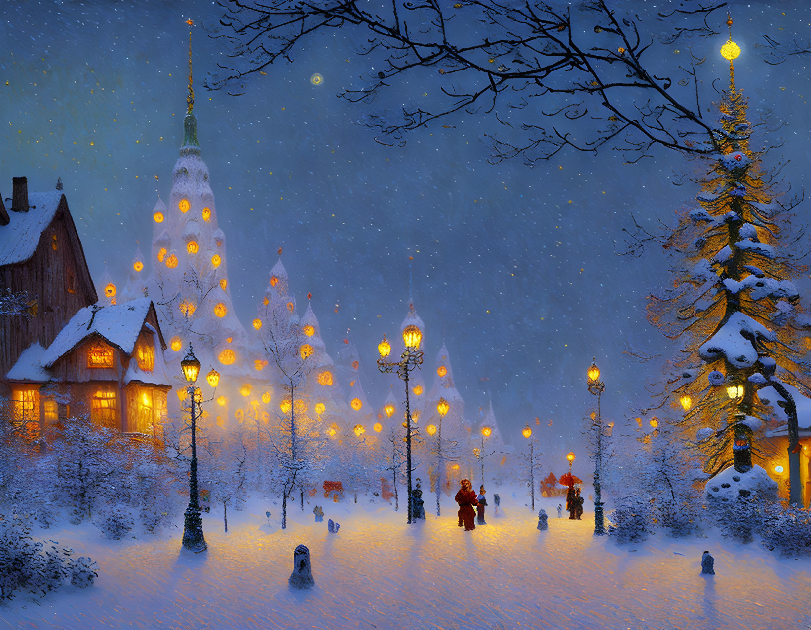 Snowy Evening Scene: People Walking, Warm Street Lamp Light, Tree with Lights, Towering Sp